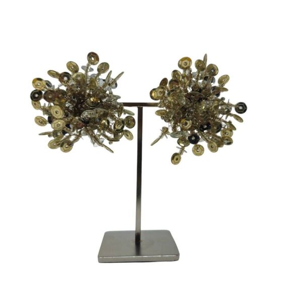 Vintage Cluster-Style Silver Sequin & Beaded Earrings | 2.25" Statement Design - Picture 3 of 4